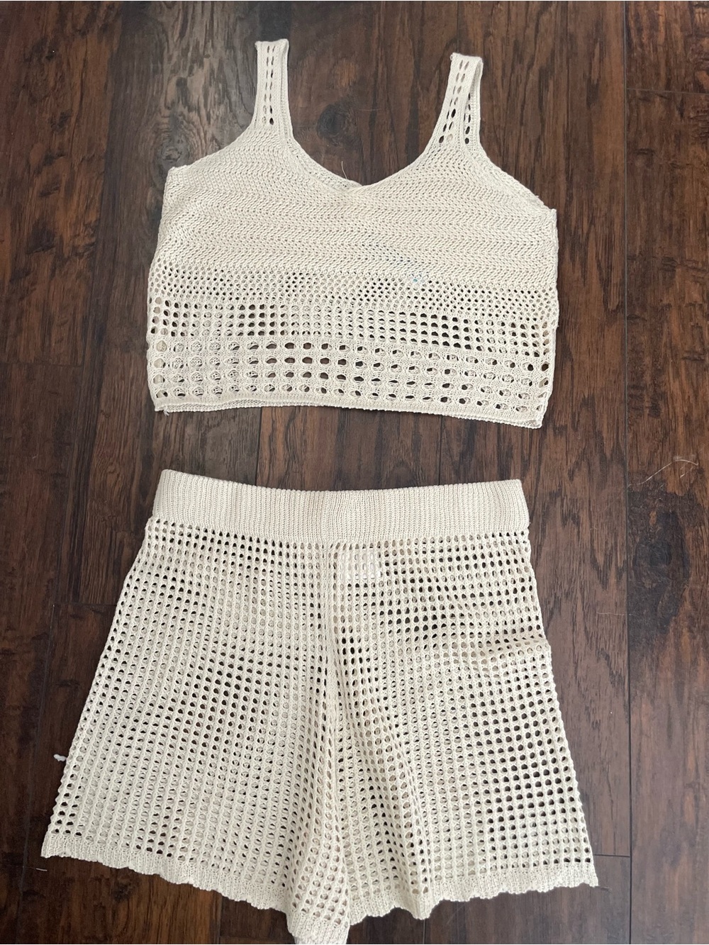 Crochet Knit Cream Shorts Set - Sleeveless Crop Top & High-Waist Shorts